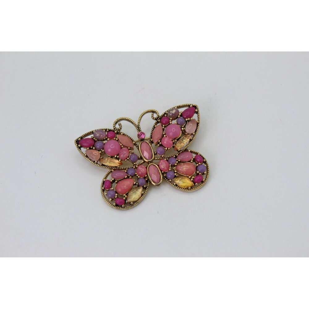 Gold Tone Butterfly Brooch With Pink & Lavender Stones Vintage-Inspired Pin Jewe